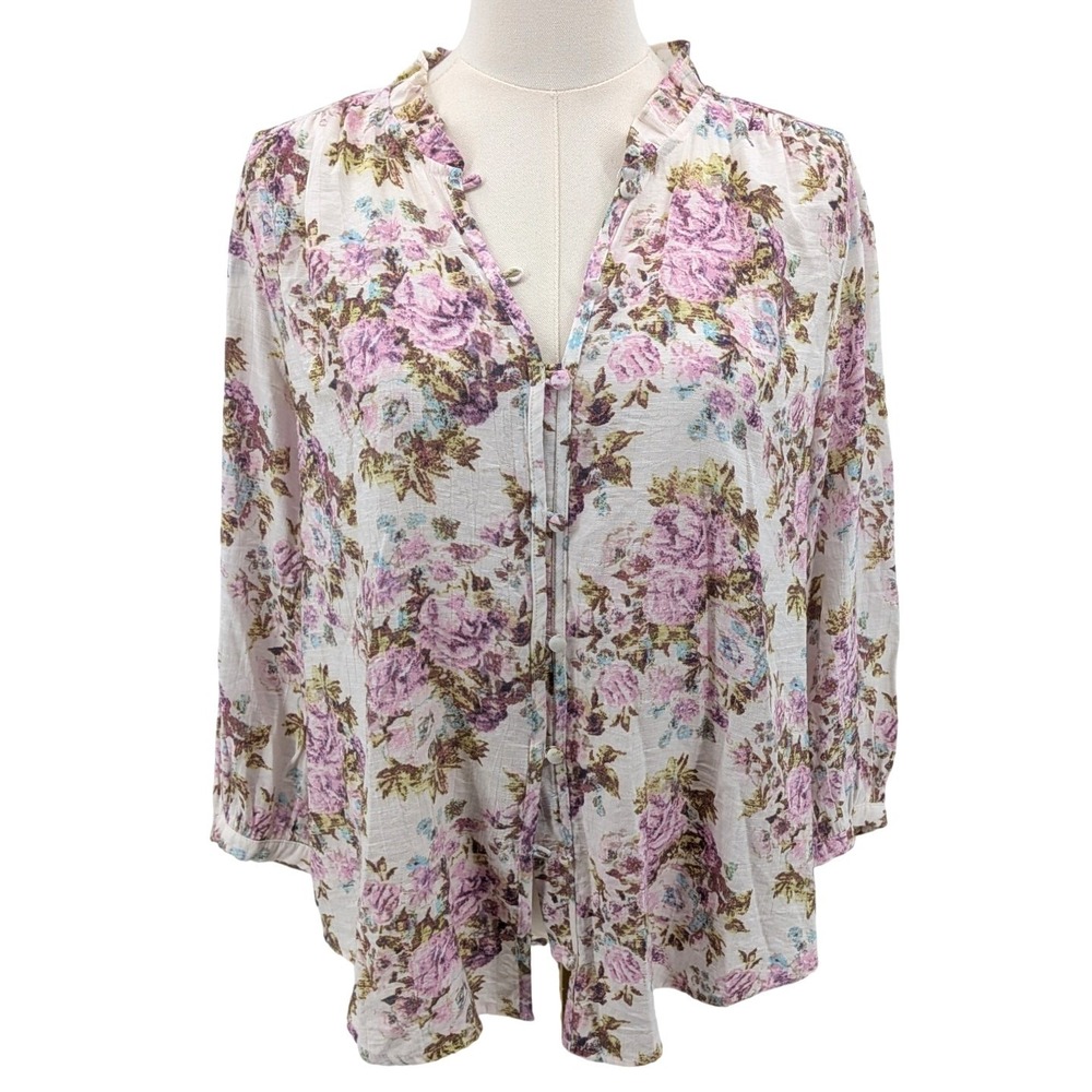 Floral Rayon Blouse Ruffle Neck 3/4 Sleeve Cottagecore LC Lauren Conrad XL